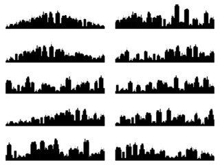 Set of urban landscapes. Black outline of the city with skyscrapers isolated on a white background. City skyline design for posters, banners and marketing advertisements. Vector illustration