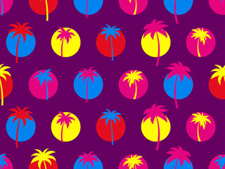 Tropical palm trees seamless pattern. Palm tree on the background of the sun in the style of pop art color palette. Exotic summer tropical design for wrapping paper and banners. Vector illustration