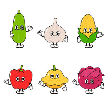 Funny cute happy vegetables characters bundle set. Vector hand drawn cartoon kawaii character illustration icon. Isolated white background. Cute vegetable marrow, garlic, corn, pepper, squash, cabbage