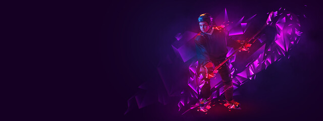 Flyer with portrait of little boy, hockey player in sports equipment playing hockey on dark...