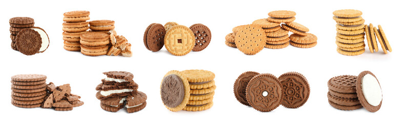Different tasty sandwich cookies with cream on white background, collage. Banner design