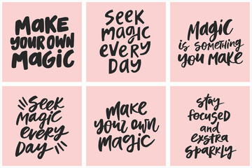 Set of handwritten quotes about magic. Collection of creative calligraphy for posters, cards, etc.