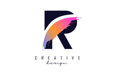 Letter R logo with rainbow brush stroke and creative cut.
