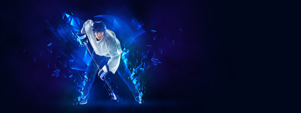Poster with young boy, professional hockey player in protective uniform training isolated on dark background polygonal, fluid neon elements. Concept of sport
