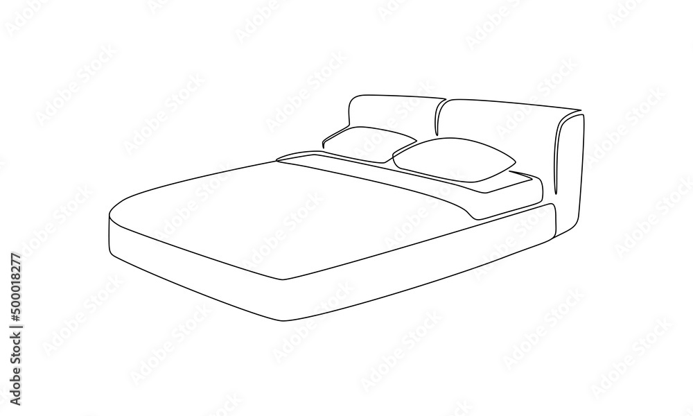 Poster continuous one line drawing of double bed with pillows icon. scandinavian stylish furniture for slee