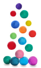 Different colorful play dough falling on white background