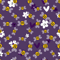 Seamless pattern with bees on floral background. Small wasp. Vector illustration. Adorable cartoon character. Template design for invitation, cards, textile, fabric. Doodle style