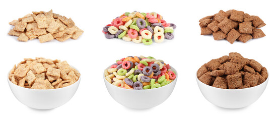 Set with different tasty breakfast cereals on white background. Banner design