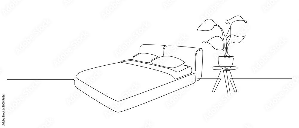 Poster continuous one line drawing of double bed and table with potted plant. scandinavian stylish furnitur
