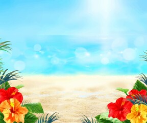 Fototapeta na wymiar 太陽の光差し込む青い空の下、美しい海沿いにヤシとハイビスカスの咲く夏のおしゃれフレーム背景素材 