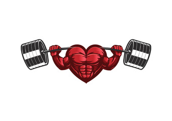 Heart shaped mascot lifting heavy weight vector