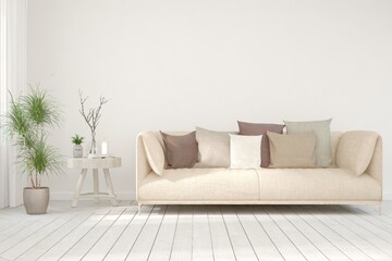 White living room with sofa. Scandinavian interior design. 3D illustration