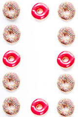 lunch with donuts frame on white table background top view mock up