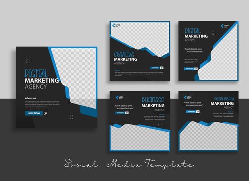 Creative marketing agency sosial media post template with blue and yellow strip colour background