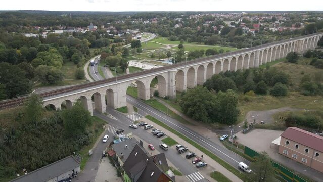 Aerial view of the historical railway viaduct over the Bobr River. Bolesławiec, Lower Silesia, Poland