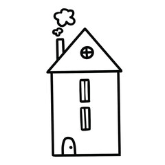Hand drawn cartoon vector doodle house in black and white monochrome style. Architecture home village scribble scene exterior.