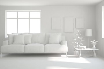 White minimalist living room with sofa. Scandinavian interior design. 3D illustration