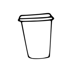 Cup of coffee line art. Mug for a drink to go. Disposable and reusable tableware. Hand drawn graphic vector illustration. Isolated simple doodle element.