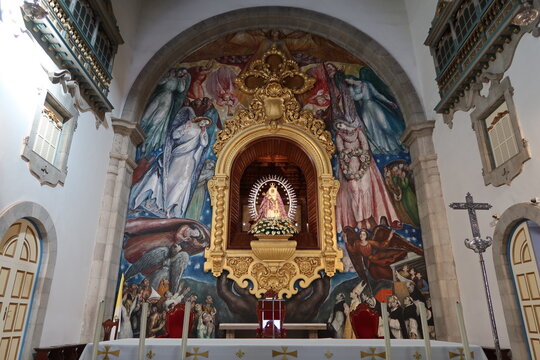 Candelaria, Tenerife, Canary Islands, Spain, March 8, 2022: Main altar with mural and image of the Virgin of Candelaria in the Basilica of Candelaria in Tenerife. Spain