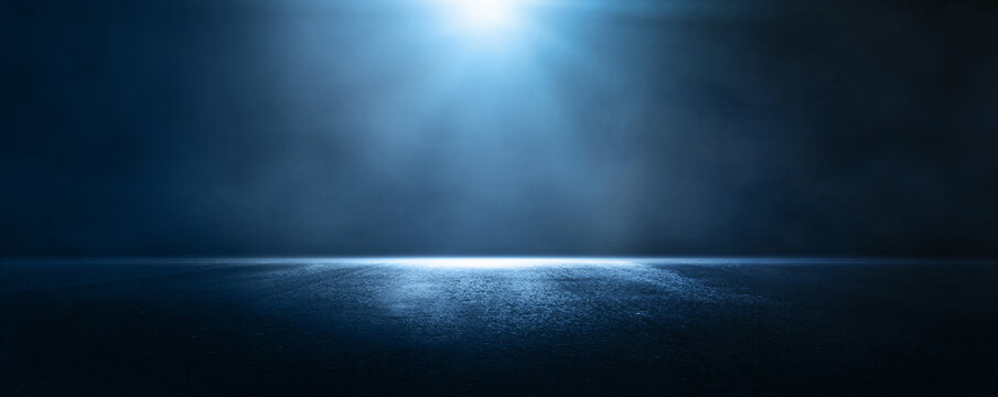 Empty scene with blue neon light. Asphalt blue street with smoke. Empy background. © Miha Creative