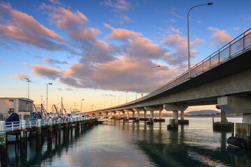 The Tauranga Harbour Bridge, Tauranga, New Zealand, at sunset 