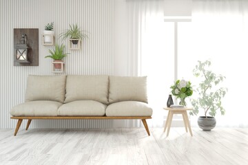 White living room with sofa. Scandinavian interior design. 3D illustration
