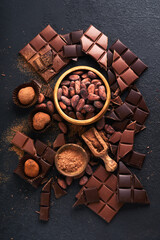 Chocolate bean cocoa. Composition of cocoa powder, bean cocoa bars and pieces of different milk and...