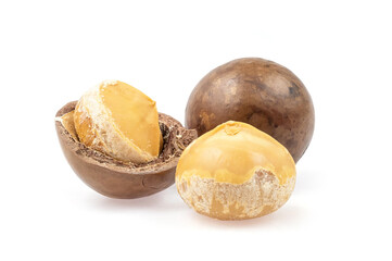 Macadamia nuts isolated on white background. Package design element with clipping path