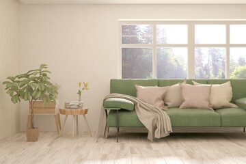 Minimalist living room in white color with sofa and summer landscape in window. Scandinavian interior design. 3D illustration