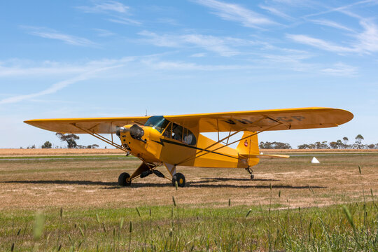 Lethbridge, Australia - November 23, 2014: Piper J-3L-65 Cub single engine light aircraft VH-JCP.