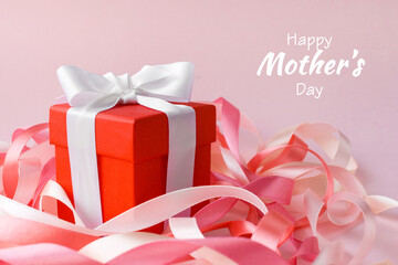 Happy Mother's Day or International Day of Families. Happy women's day. Valentine's day. Red box with a gift in festive ribbons. Banner for store. Greeting card.