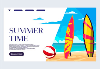 Vector illustration of a banner template for a website, summer time, surfboards and a beach ball standing on the beach against the background of the sea
