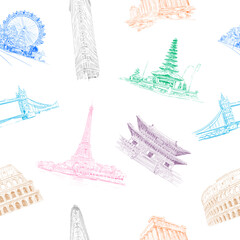 Seamless pattern world famous destinations. Creative art poster backgrounds. Vector illustration.