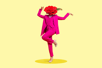 Artistic modern mockup of stylish lady with plant head dance private holiday isolated yellow pastel color background
