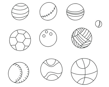 A set of sports balls. Balls drawn with a contour, icons
