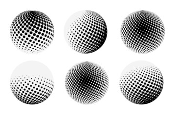 Set isolated abstract halftone circle and dotted globe sphere and 3d halftone effect vector for geometric background, logo and icon