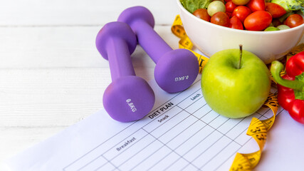 Diet Health Plan. Workout planing. Sport exercise equipment workout and gym background with...