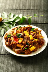 Mutton fry- homemade meat fried with spices and herbs, Kerala recipes.