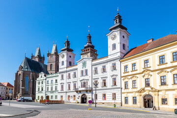 Fototapeta na wymiar St Spirit church, White tower, town hall, Great square, town Hradec Kralove, Czech republic
