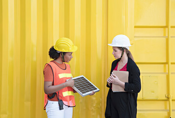 A female engineer is presenting a solar panel to a female customer. 