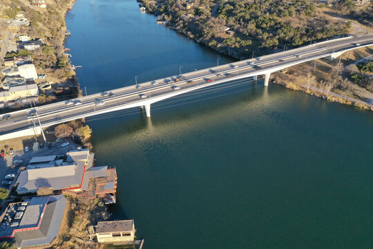 Aerial Shot Of The Lake Marble Falls Reservoir During The Day In Texas