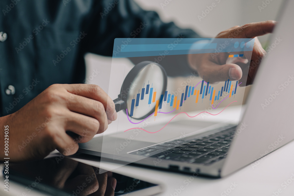 Fototapete Information about analytics and statistics on development. Measurement of web analysis and product testing technology. A man examines a dashboard with regard to SEO optimization and a digital report.