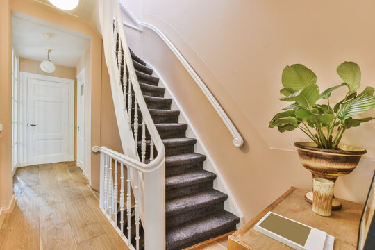 Corridor of residential house with staircase and wooden floor