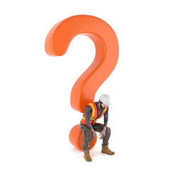 Miniature worker sitting on orange question mark symbol isolated on white background