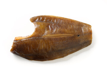 Atlantic salted whole smoked halibut isolated on white background. View from above.
