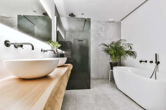 Modern bathroom interior with bathtub and sinks near shower cabin