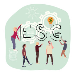 ESG Environmental Social and Governance Sustainable green company resources usage commitment. Flat people cooperate for ecological problem