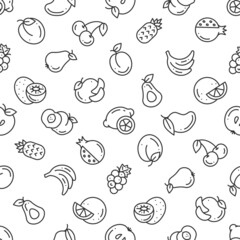 Seamless pattern of outline simple minimalistic black fruit icons on white background for prints, wallpapers, mobile concepts and web apps