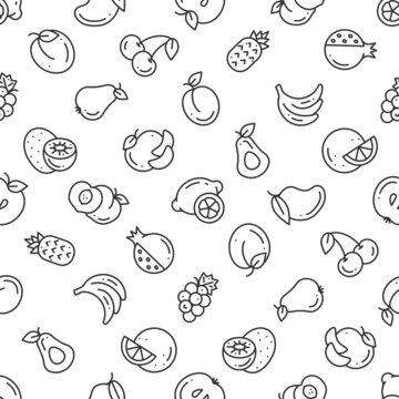 Seamless pattern of outline simple minimalistic black fruit icons on white background for prints, wallpapers, mobile concepts and web apps