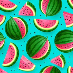 Seamless pattern with watermelon slices on blue background. Vector illustration. Watermelon summer background